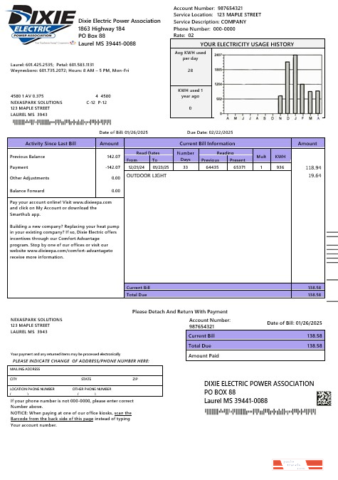 USA Mississipi Dixie Electric business utility bill template in Word and PDF formats